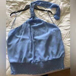 INC International Concepts Blue Halter Top | Satin Look | Smocked Waist